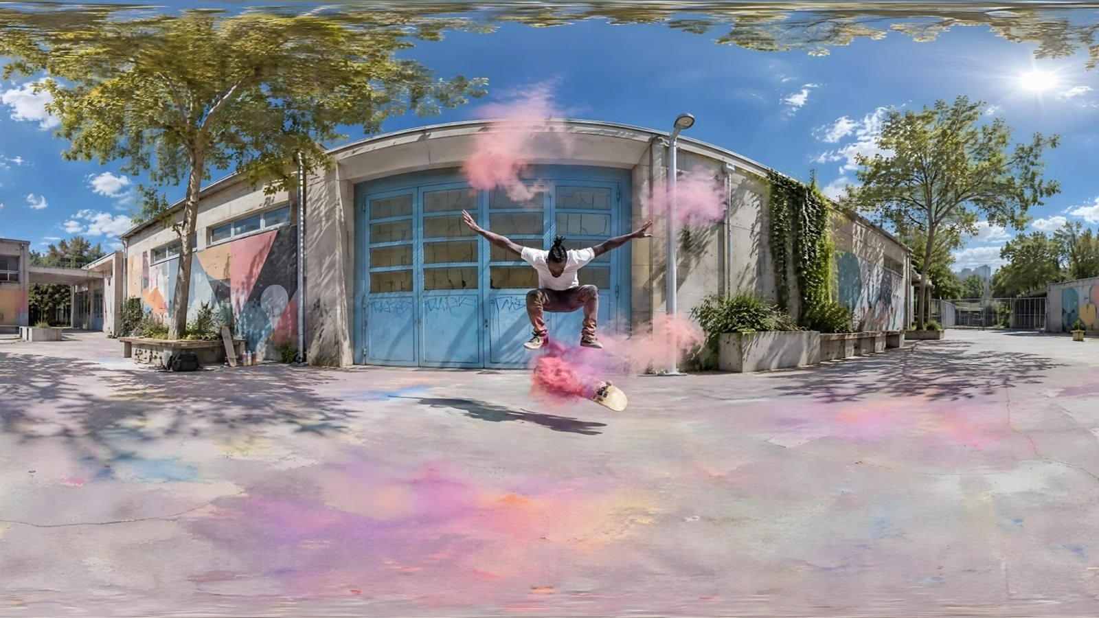 A 360° courtyard world built from a photo of a skateboard trick