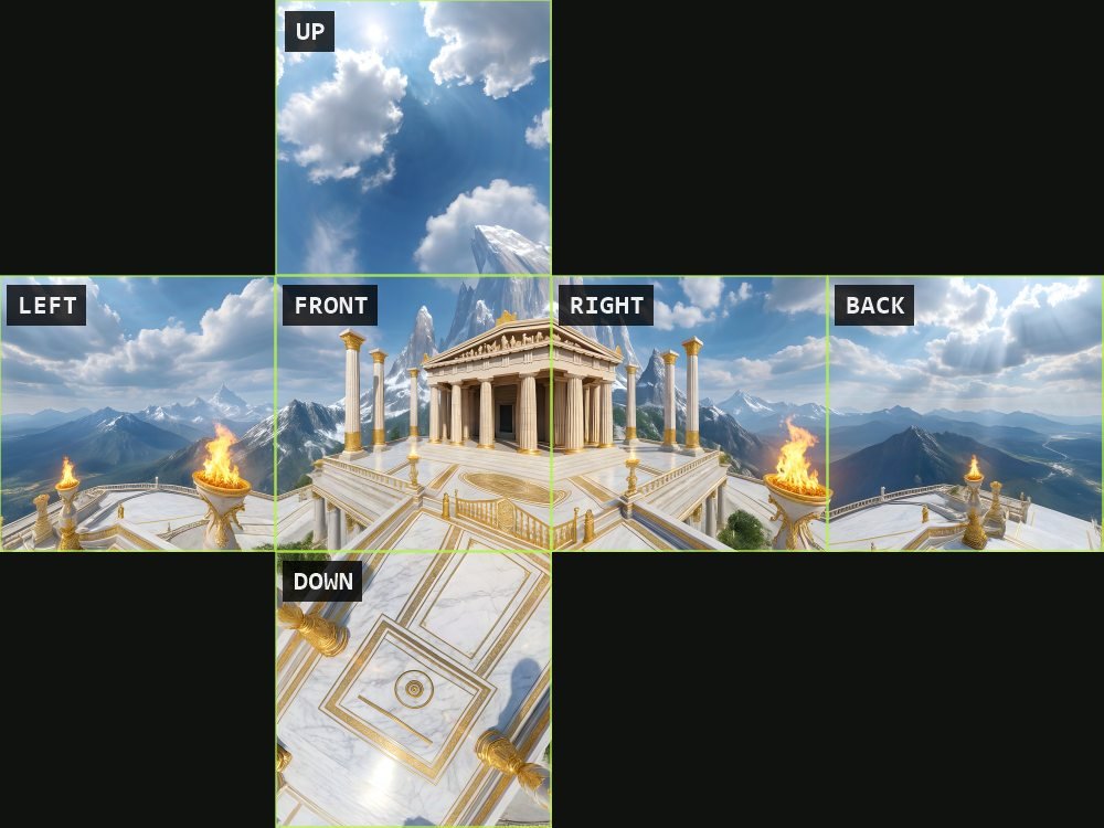 The same world converted to a cubemap: six square faces labelled up, left, front, right, back and down, laid out as a cross, with the temple running continuously from the front face into the right face.