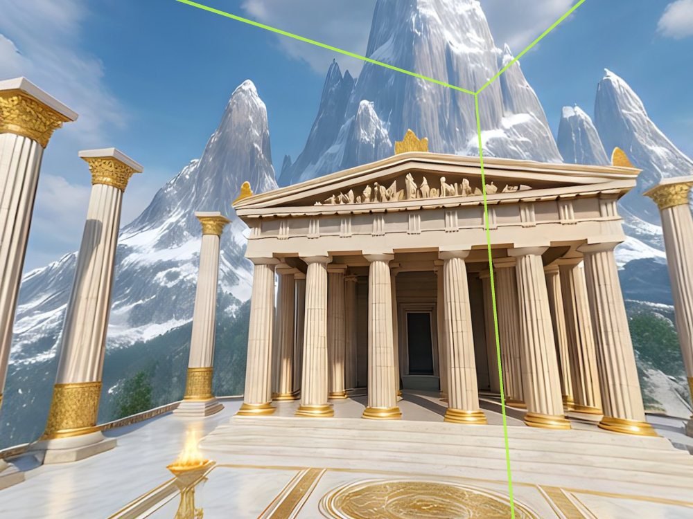 What a camera in a game engine sees of the same world: the temple in normal perspective with straight columns, and green lines marking an edge and a corner of the skybox cube around the camera.