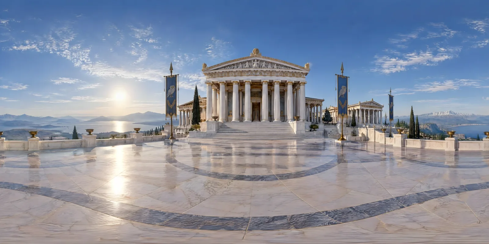 A 360° world of a marble Greek citadel on a hilltop terrace by day, the sun low over the sea and mountains.