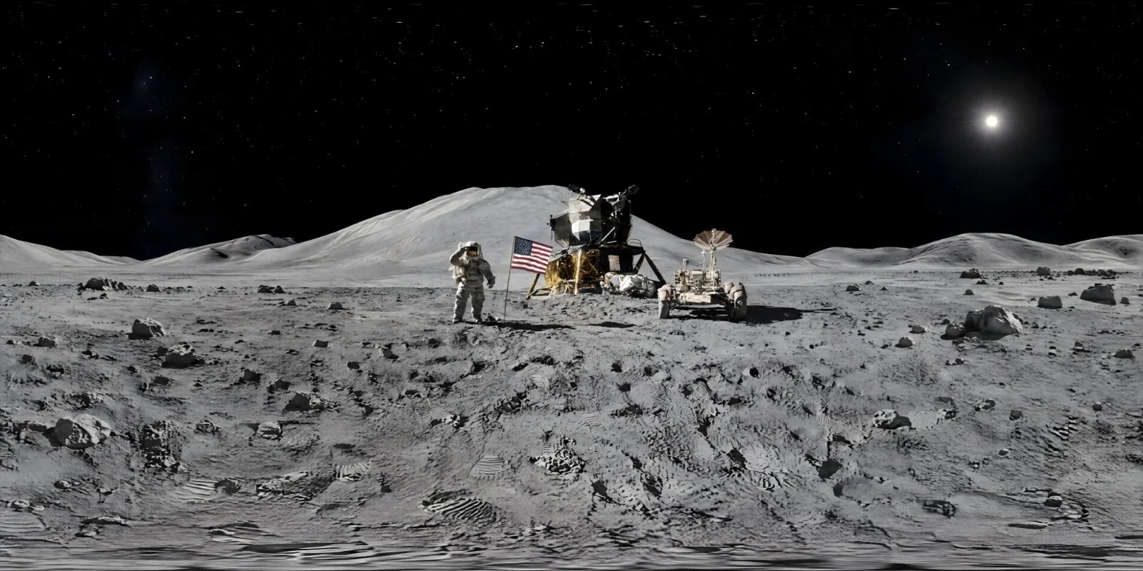 A 360° world of the Moon landing, built from a photo: an astronaut saluting beside the flag, the lunar module and the rover under a black sky.