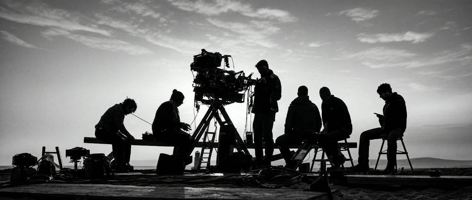 A film crew and a large camera rig in silhouette under a cloudy sky