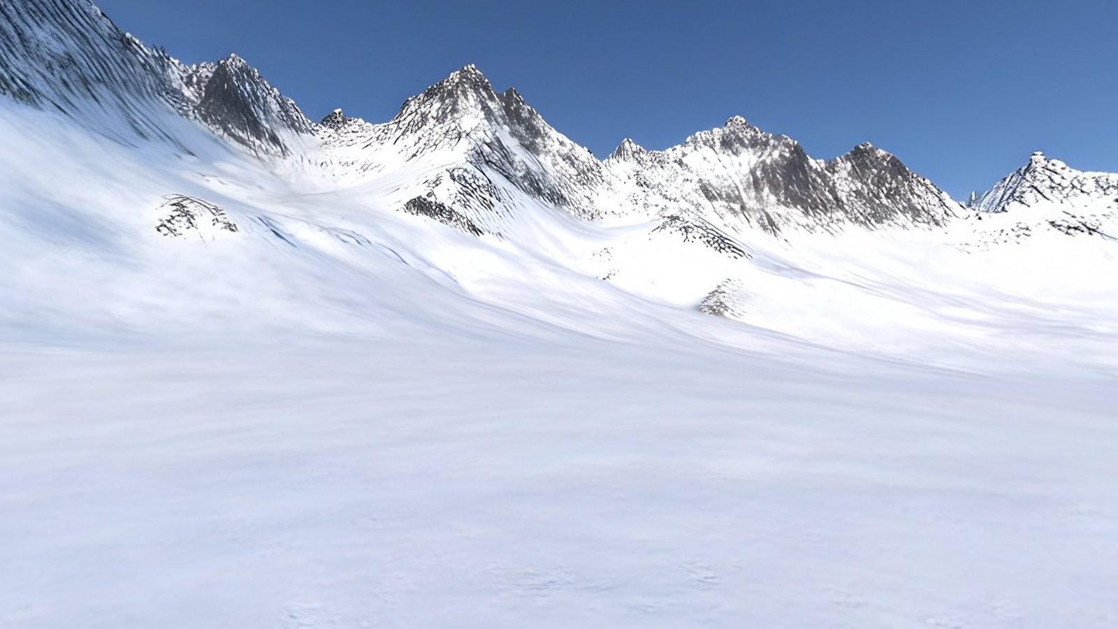 Snow-covered slopes rising to a ridge of jagged peaks under a clear blue sky, a view inside the Frozen Glacier 360° world
