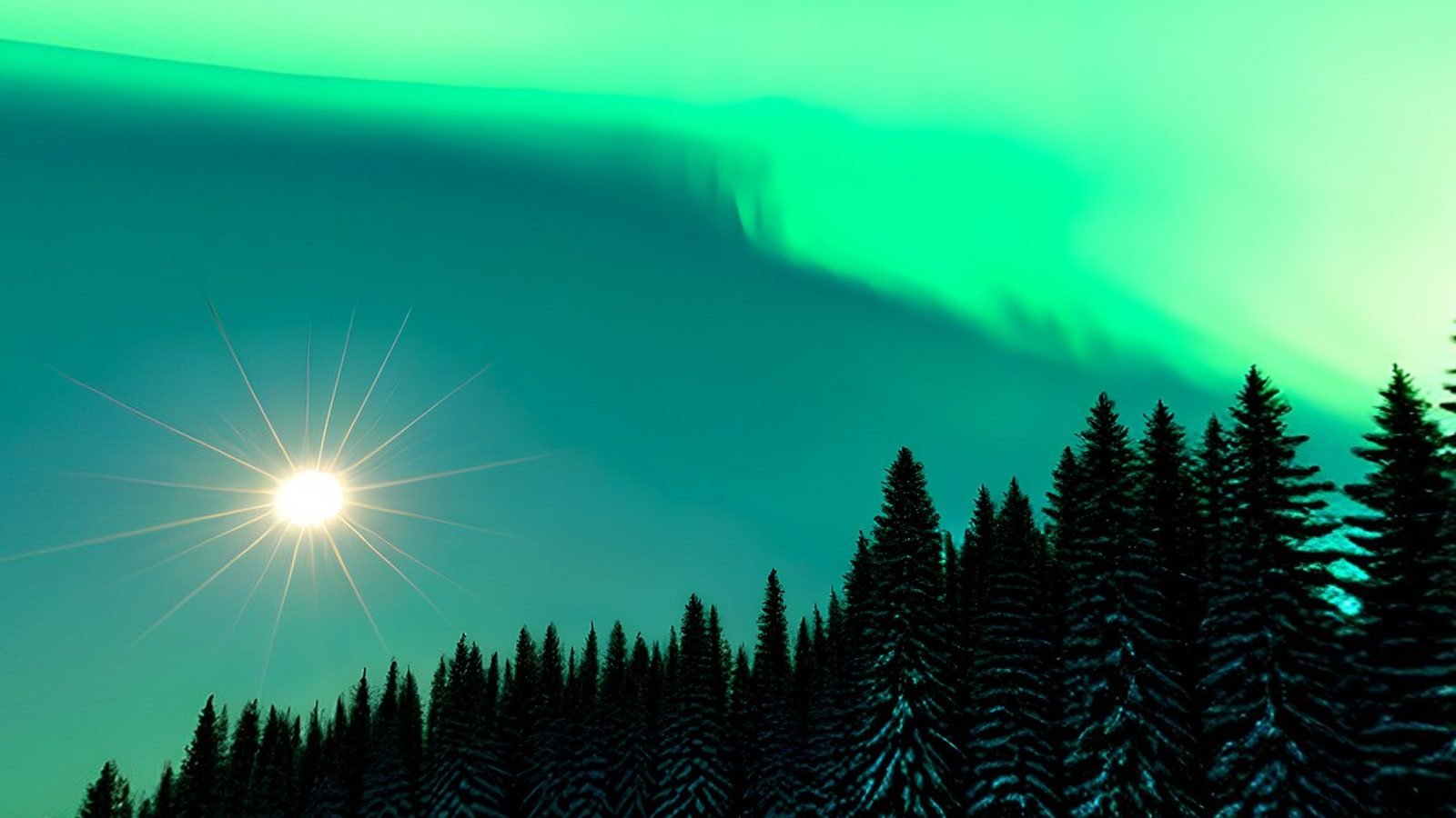 Green aurora over a line of snowy pine trees, with a bright star low in the sky, a view inside the Aurora Arctic Treeline 360° world