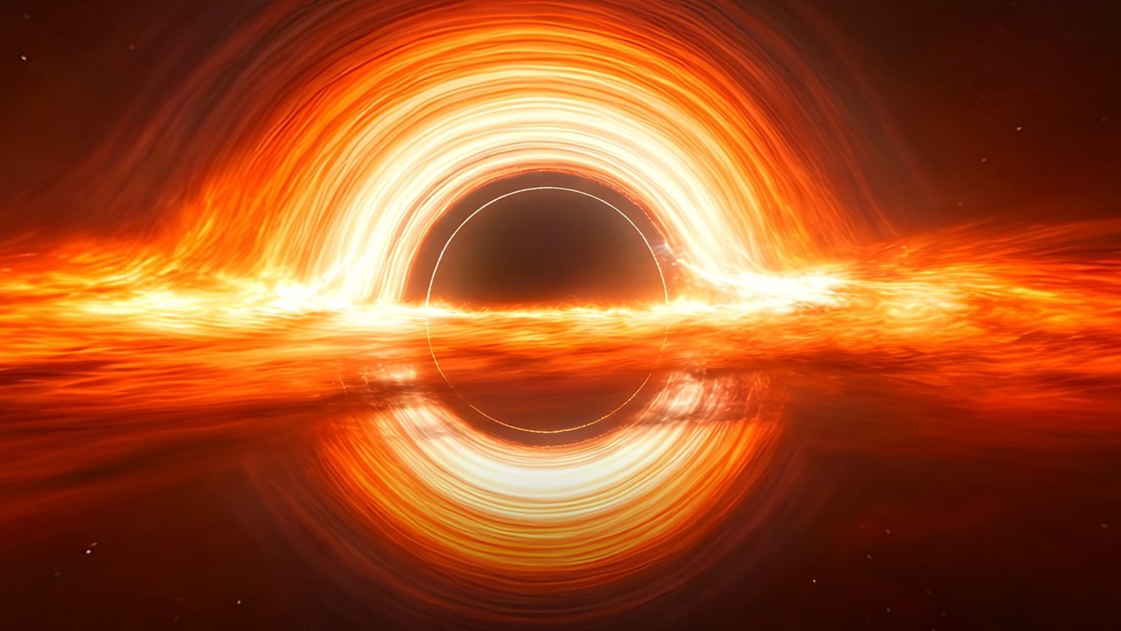 A black hole ringed by a bright orange accretion disc against dark space, a view inside the Event Horizon 360° world