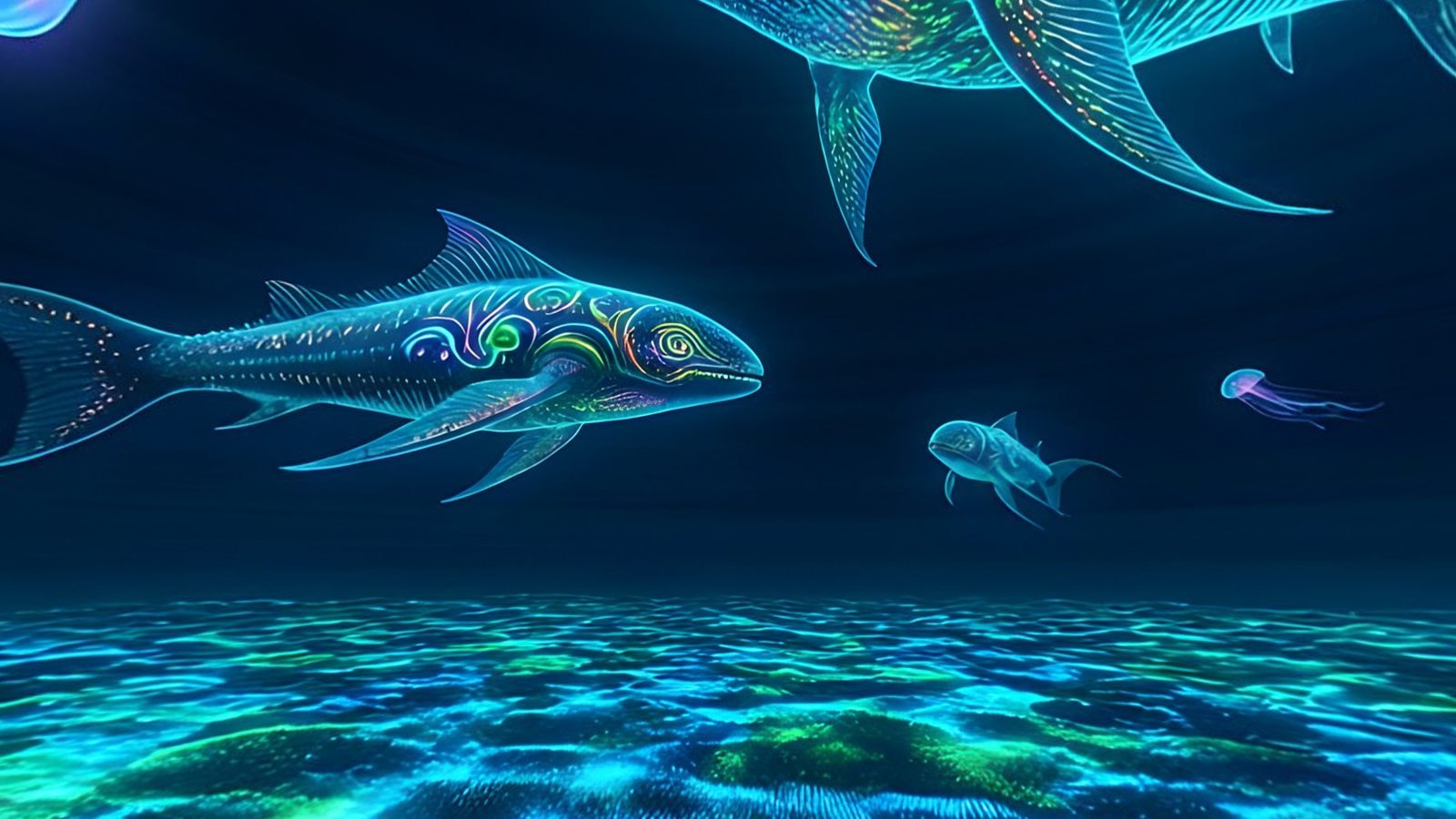 Glowing, patterned whales swimming above a luminous sea floor, a view inside the Bioluminescent Whales 360° world