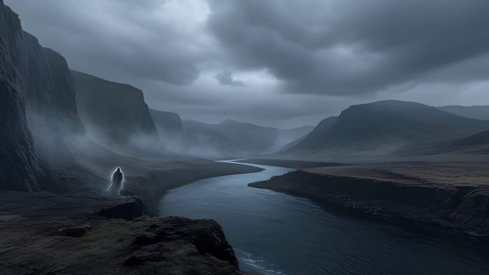 A river winding through a misty valley between dark cliffs under heavy cloud, a view inside the Valley of the Pale Kings 360° world