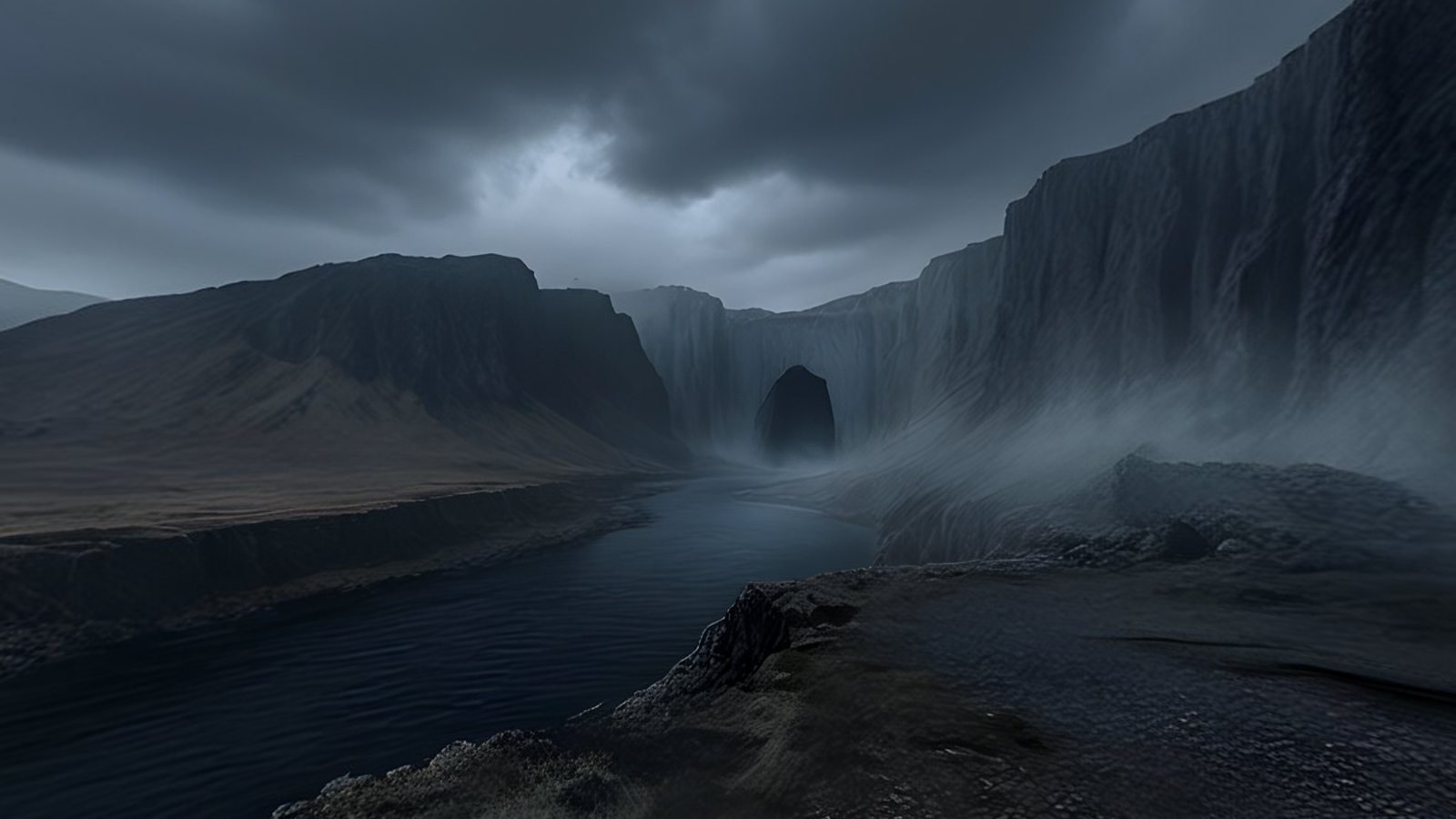 Dark cliffs above a misty river valley under storm clouds, a view inside the Valley of the Pale Kings 360° world