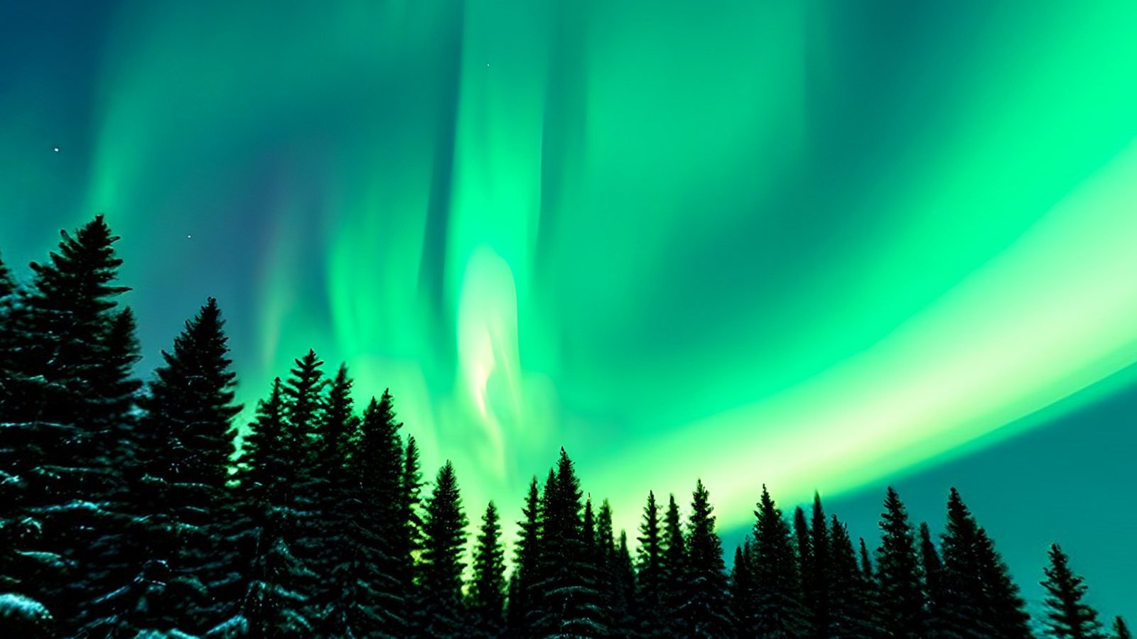 Green aurora rising over the tops of snow-dusted pine trees at night, a view inside the Aurora Arctic Treeline 360° world