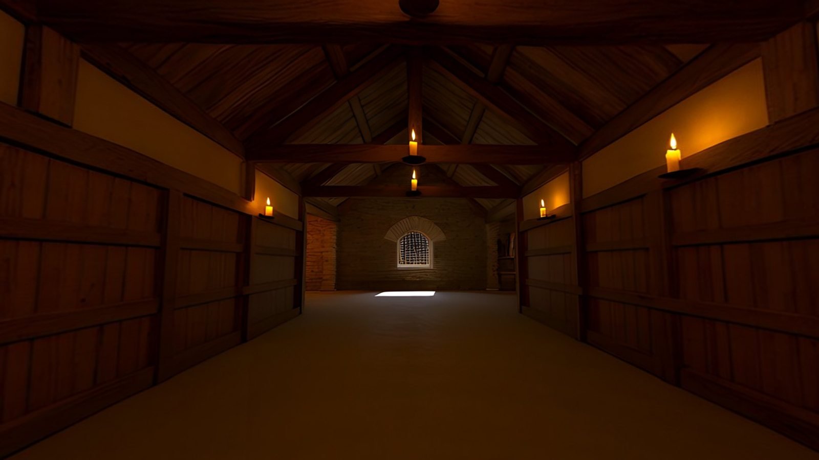 A long timber-vaulted hall lit by candles, a view inside the Candlelit Hall 360° world
