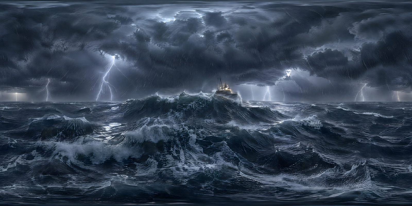 A Ship on Stormy Seas, 360° world: Photorealistic · storm · boat