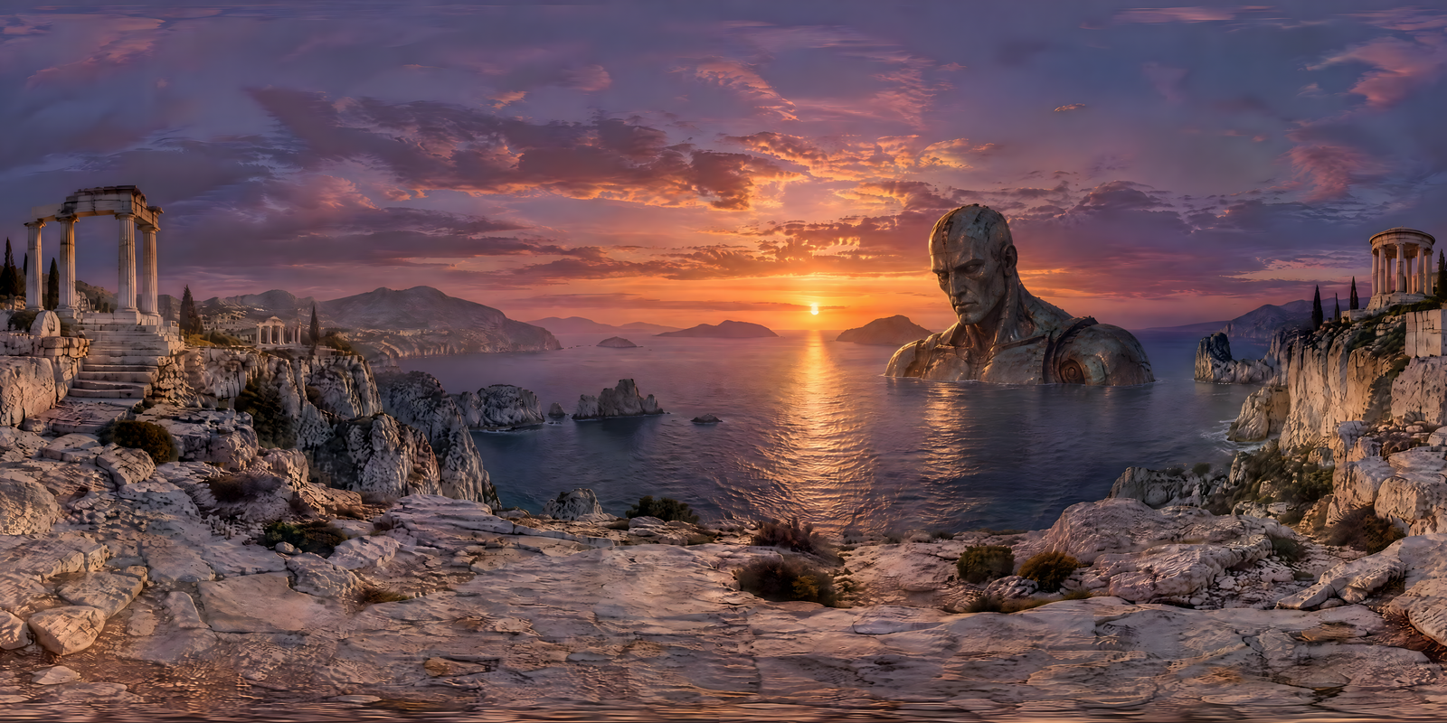 Ancient Greek Sentinel, 360° world: Photorealistic · sunset · ancent times