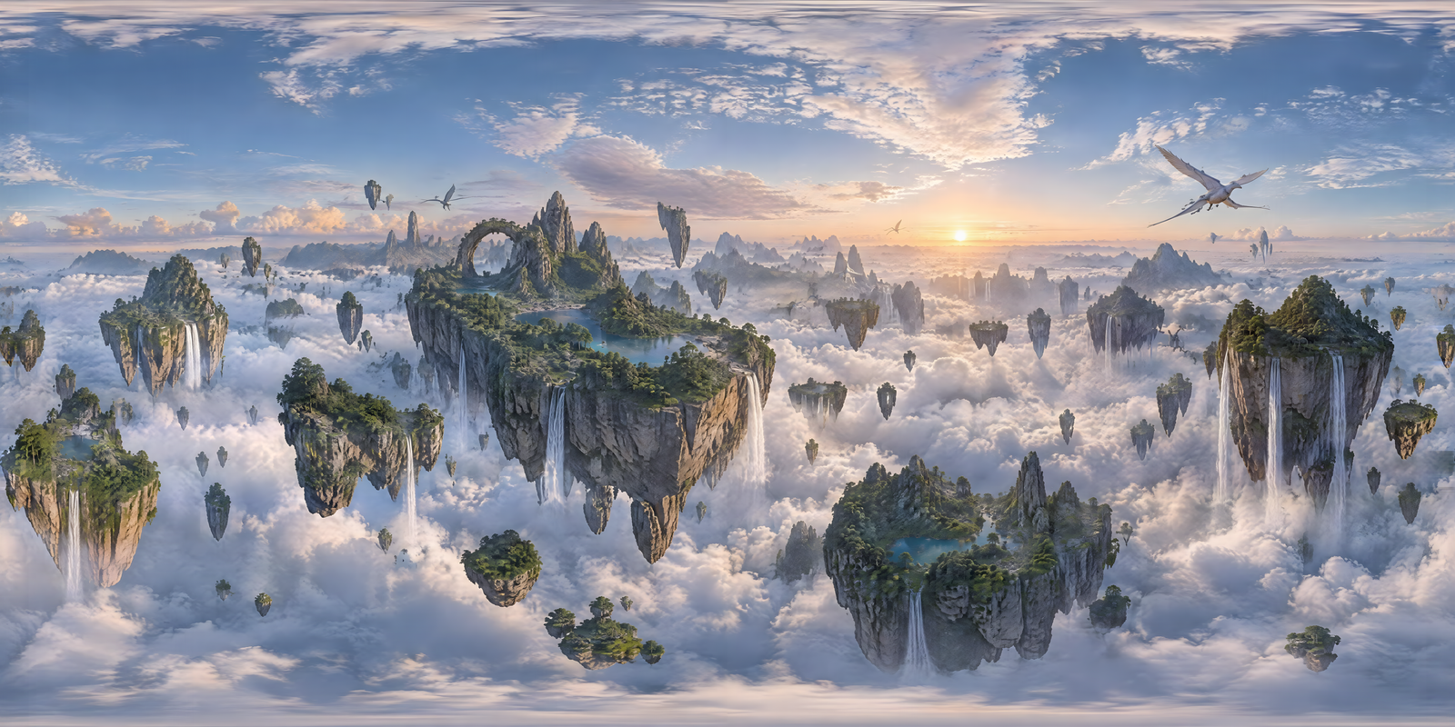 Floating Mythical Islands, 360° world: Photorealistic · fantasy · strange creatures