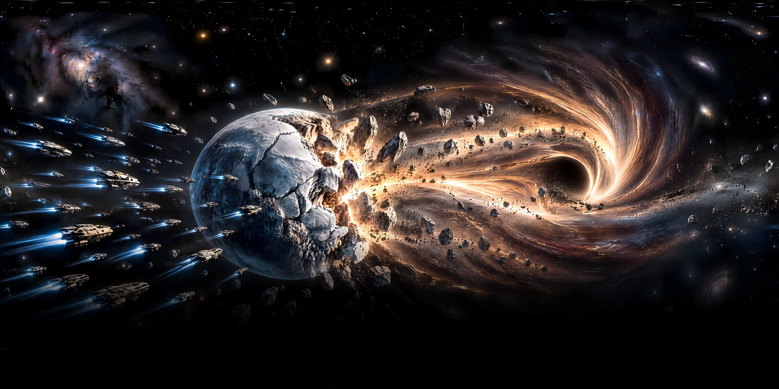 The Ice World is Consumed, 360° world: Photorealistic · black hole · Ice world