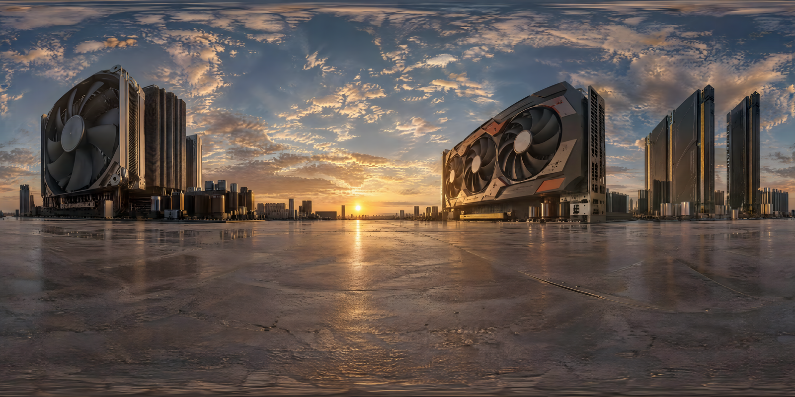 A PC World, 360° world: Photorealistic · PC parts · sunrise