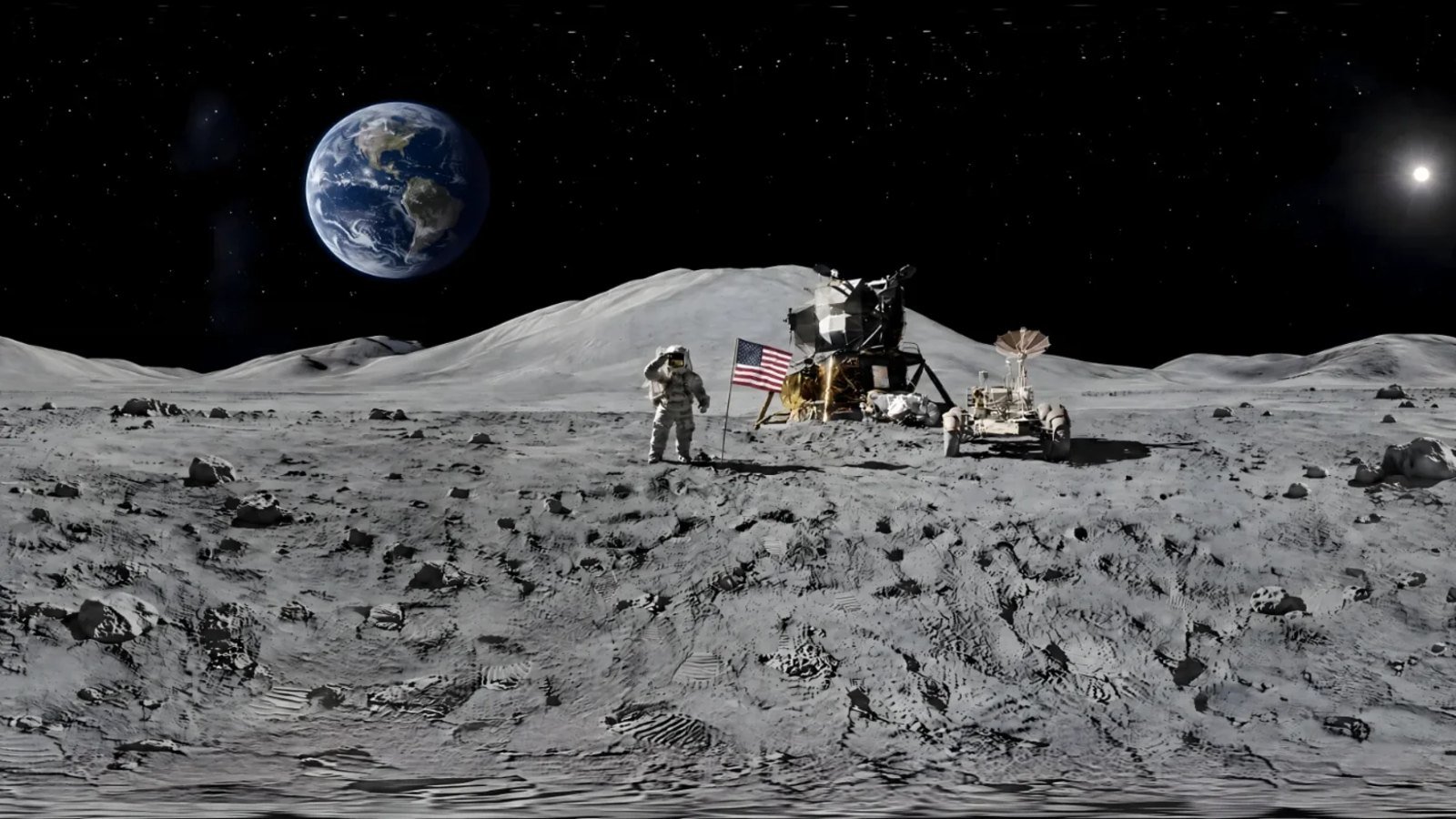 An astronaut saluting beside a flag, a lunar lander and a rover on the Moon, with the Earth in a black sky: a 360° world made in Studio from a photo