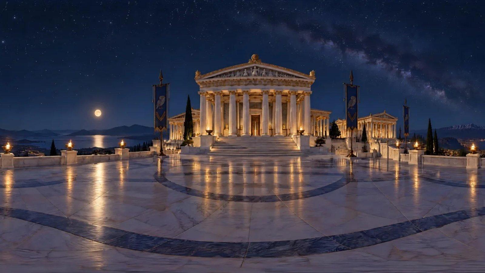 A marble Greek citadel at night under the Milky Way, its braziers lit and the moon over the sea: a 360° world made in Studio